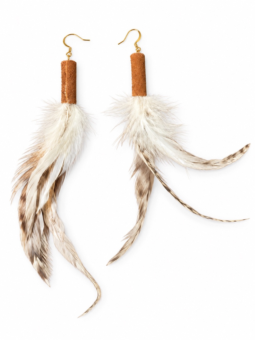 Natural Feather & Genuine Leather Extra-Long Earrings โ Gold-Plated Hooks